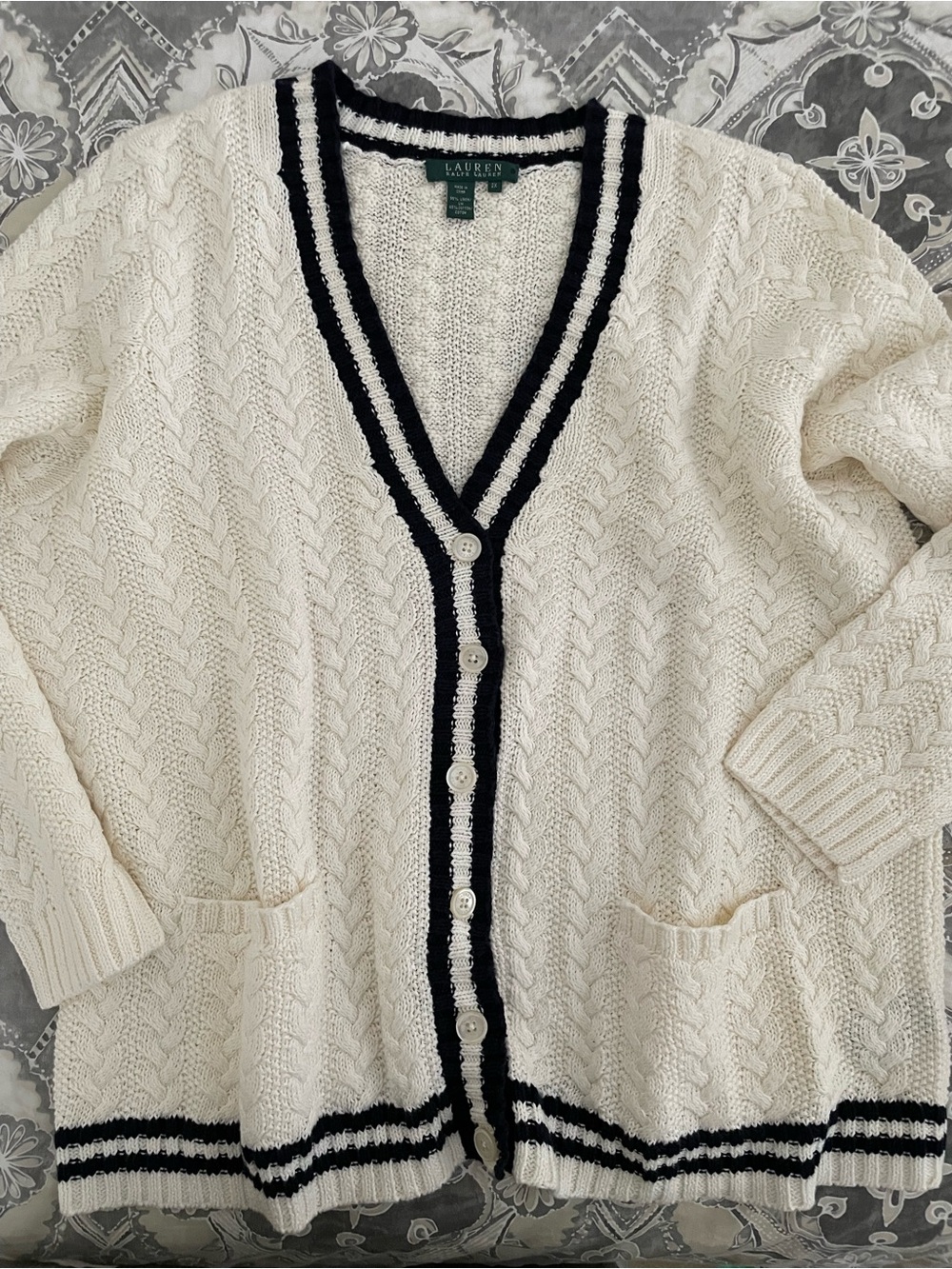 Vintage Ralph Lauren Cream Cable-Knit Cardigan with Navy Trim